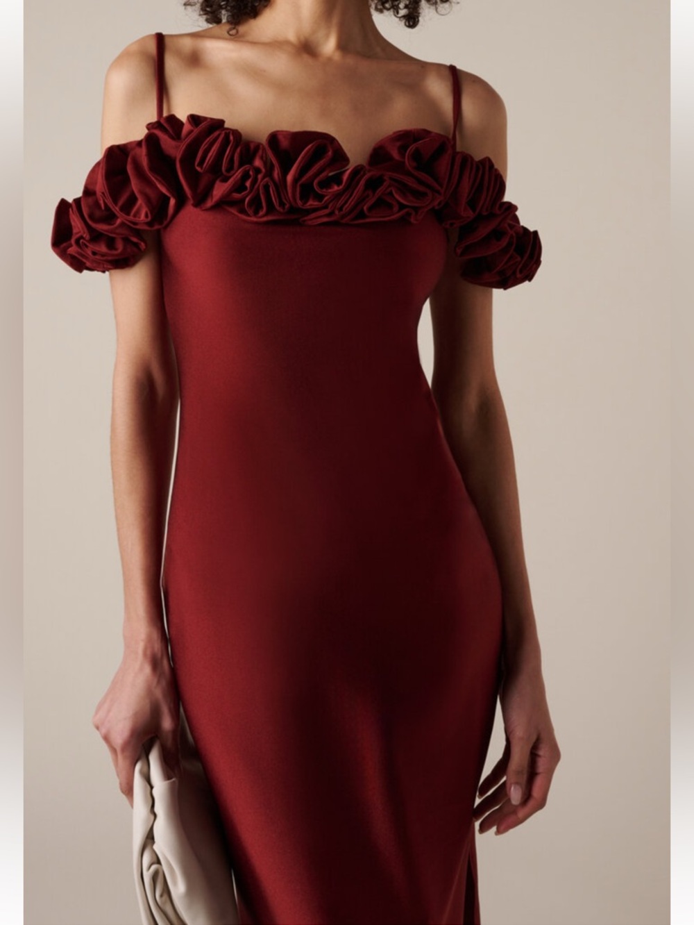 Coperni Rosette Detailed Off The Shoulder Satin Wine Red Maxi Dress - Picture 3 of 8